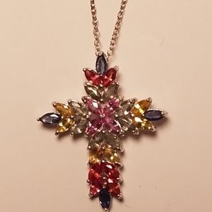 Multi Colored Gemstone Cross Necklace